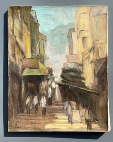 Chinatown Vintage Abstract Street Scene Painting on Canvas Circa First Part of 20th Century