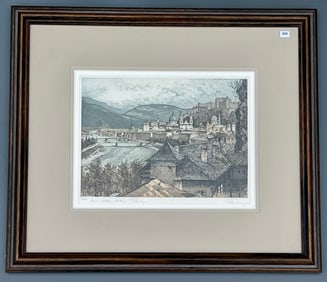 Josef Eidenberger Austrian 1899-1991 Salzburg in Autumn Large Mid Century Vintage Cityscape