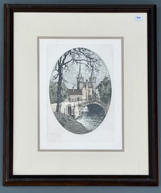 Vintage Mid Century Original Hand Colored Etching European Cityscape titled Delft Netherlands also