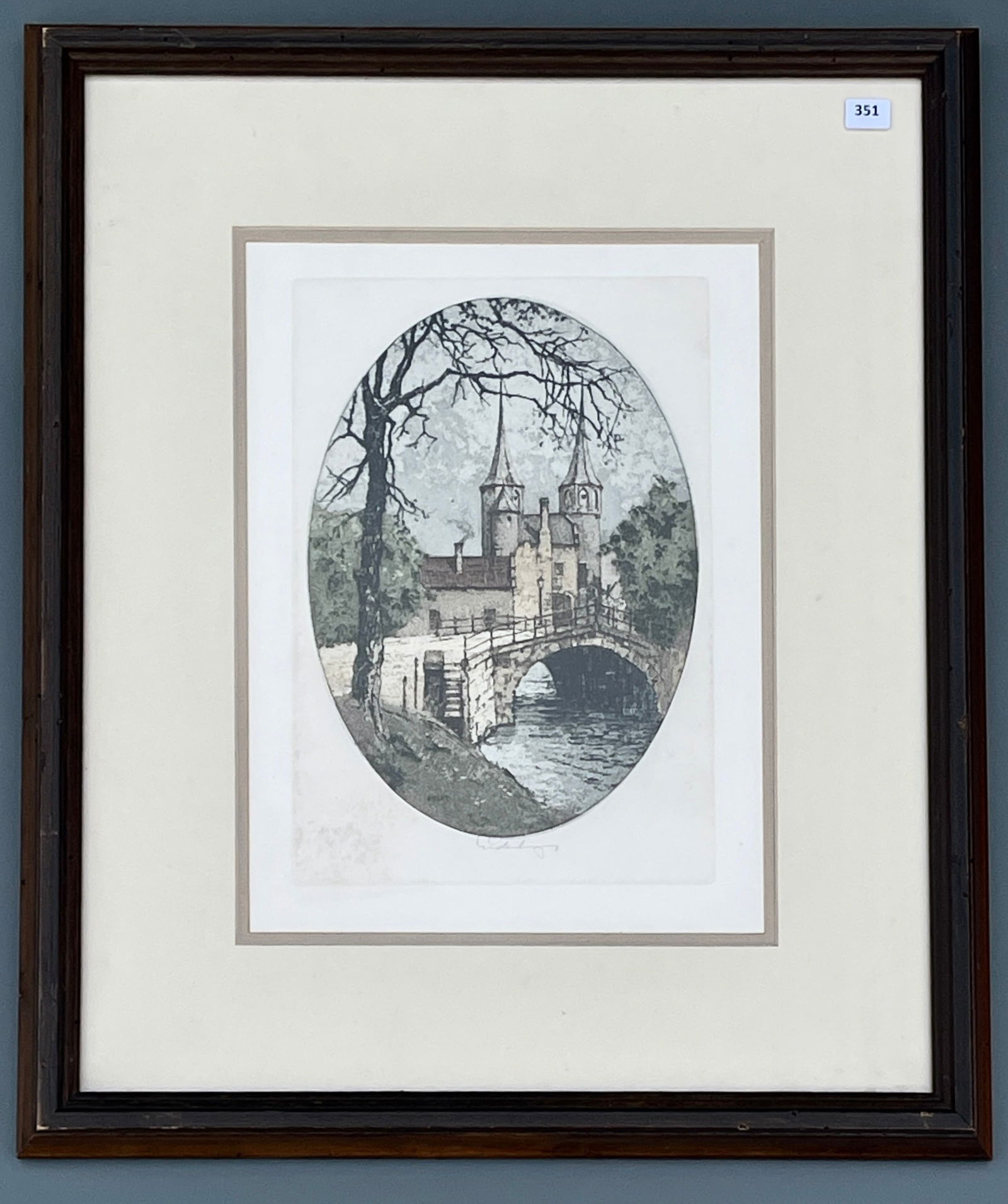 Vintage Mid Century Original Hand Colored Etching European Cityscape titled Delft Netherlands also (1 of 5)