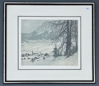Josef Eidenberger Austrian 1899-1991 Lermoos in Winter Large Color Etching c.1960 Signed in Pencil