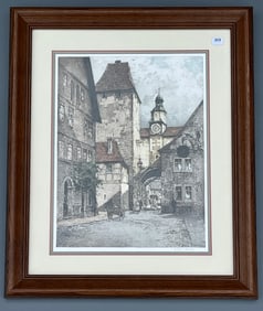 Markusturm Hand Colored Medieval Cityscape Etching titled Rottenburg Markus Tower by the Austrian