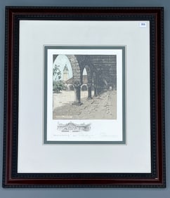 Stanford University Arches with Hoover Tower in the background signed framed color etching by