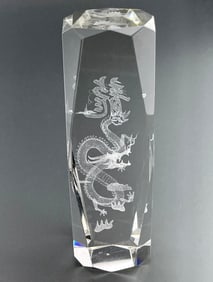 Chinese Dragon Controlled Bubble Cut Crystal Prism Column Paperweight