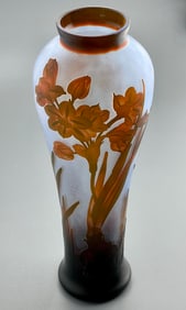 Art Nouveau Emile Galle Style Cameo Glass Vase Acid Etched Daffodil Flowes on Opaque Opaline
