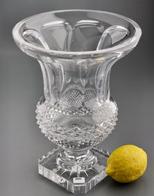 Impressive Vintage Diamond Cut Crystal Footed Flower Vase on Square Base