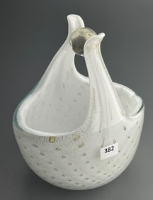 Vintage Murano Art Glass Bride Basket Aventurine Speckled Bowl Made in Italy