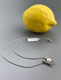 Modern 14K White Gold Diamond and a Cultured Pearl Curve Design Pendant on 16 inches 14K White Gold