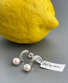 14K White Gold Post Earrings with Half Hoop of Diamonds and Pearl Drops