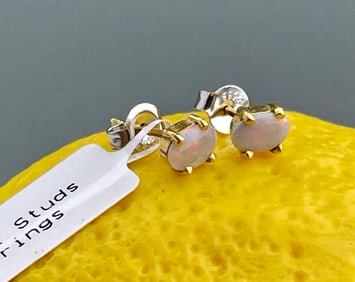Opal Studs Set with 4 Prongs in 14K Yellow Gold