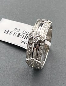 Modern 18K White Gold Diamond Ring 3 Raised Design Sets with .37 Diamond Each in Bezel Across the