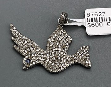 Oxidized Sterling Silver and Diamond Dove Charm Pendant