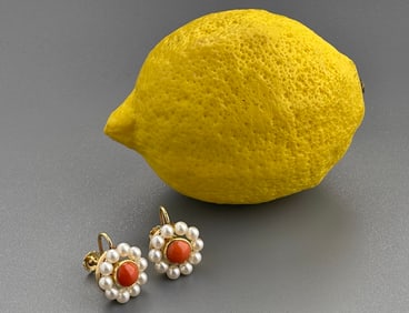 14K Gold Coral Pearl Screw Back Earrings