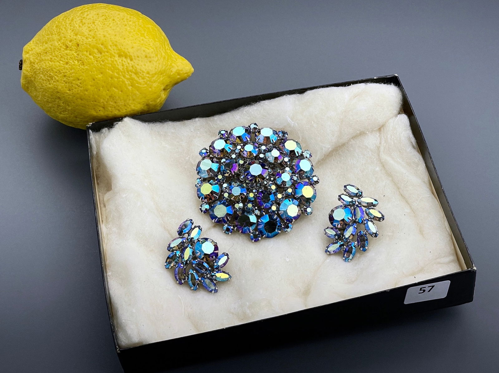 Aurora Borealis Multicolored Rhinestone Vintage Costume Jewelry Set c 1950 Large Brooch & Clip (1 of 4)