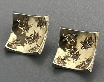 Art Deco Vintage Mid Century Designer Costume Jewelry Concave Curve Clips Gold Washed Jeweled Star