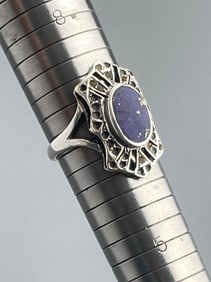 Art Deco Style Sterling Silver Filigree Ring with Lapis Blue Color Oval Inset Size 7