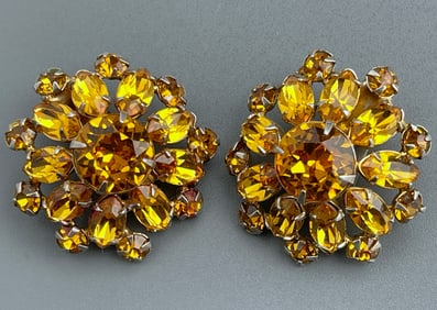 Sparkly Yellow Rhinestones Earclips Vintage Costume Jewelry
