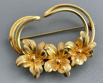 Forstner Gold Plated Flower Brooch Vintage Signed Costume Jewelry