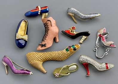 Lot of 10 High Hill Slippers & other Shoe Form Brooches