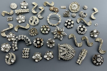 Lot of Vintage Rhinestone Jewelry Parts Pins Brooches Earclips Buttons etc. As Is Craft Project
