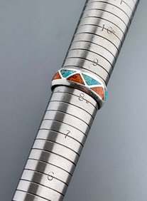 Inlaid Coral Turquoise Silver Navajo Wedding Ring Band Native American Sterling Jewelry