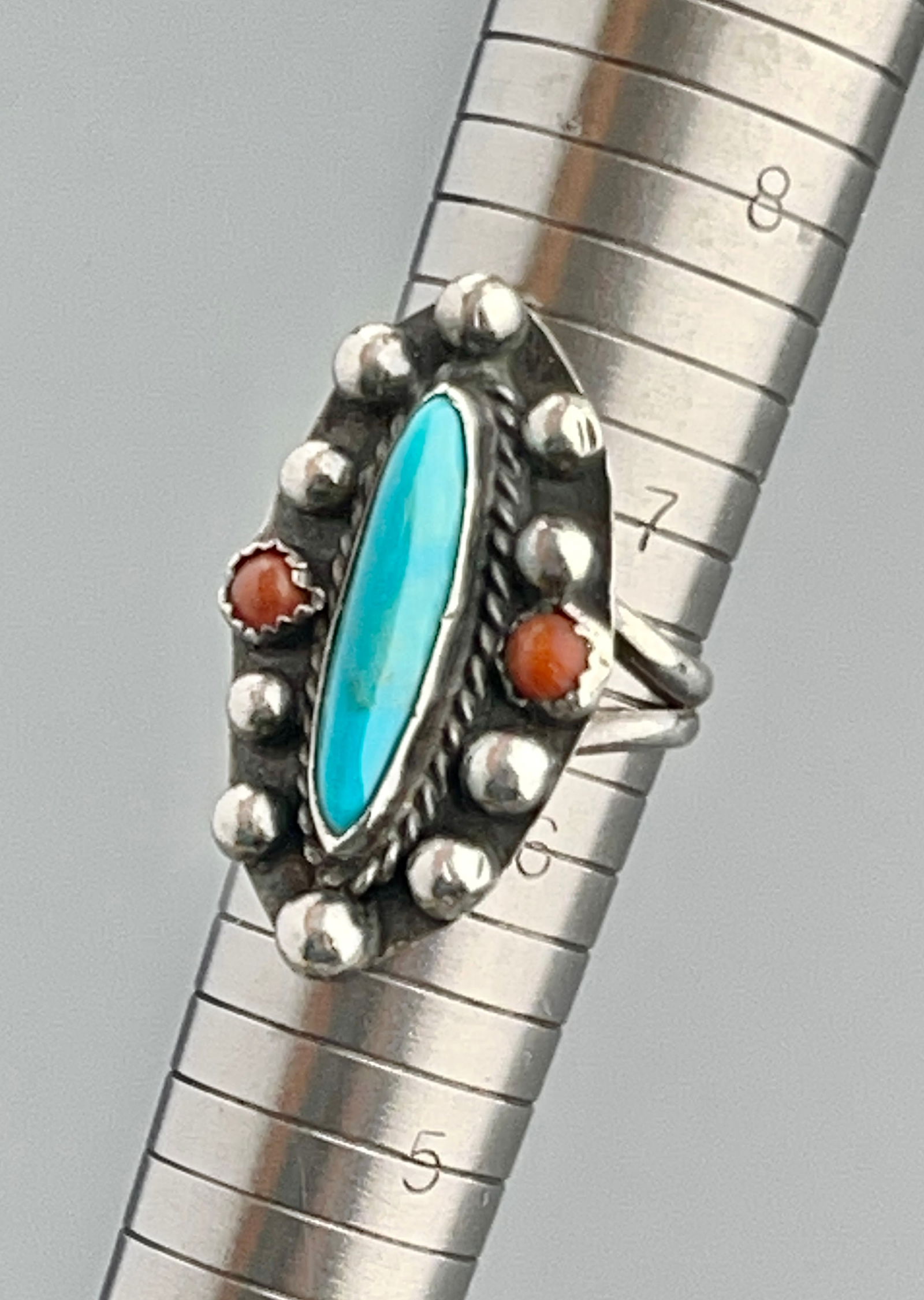 Native American Zuni Navajo Turquoise Coral Sterling Silver Ring (1 of 6)