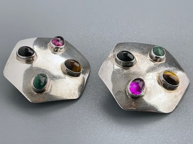 Large Mexican Sterling Silver Cabochon Jeweled Clips Earrings