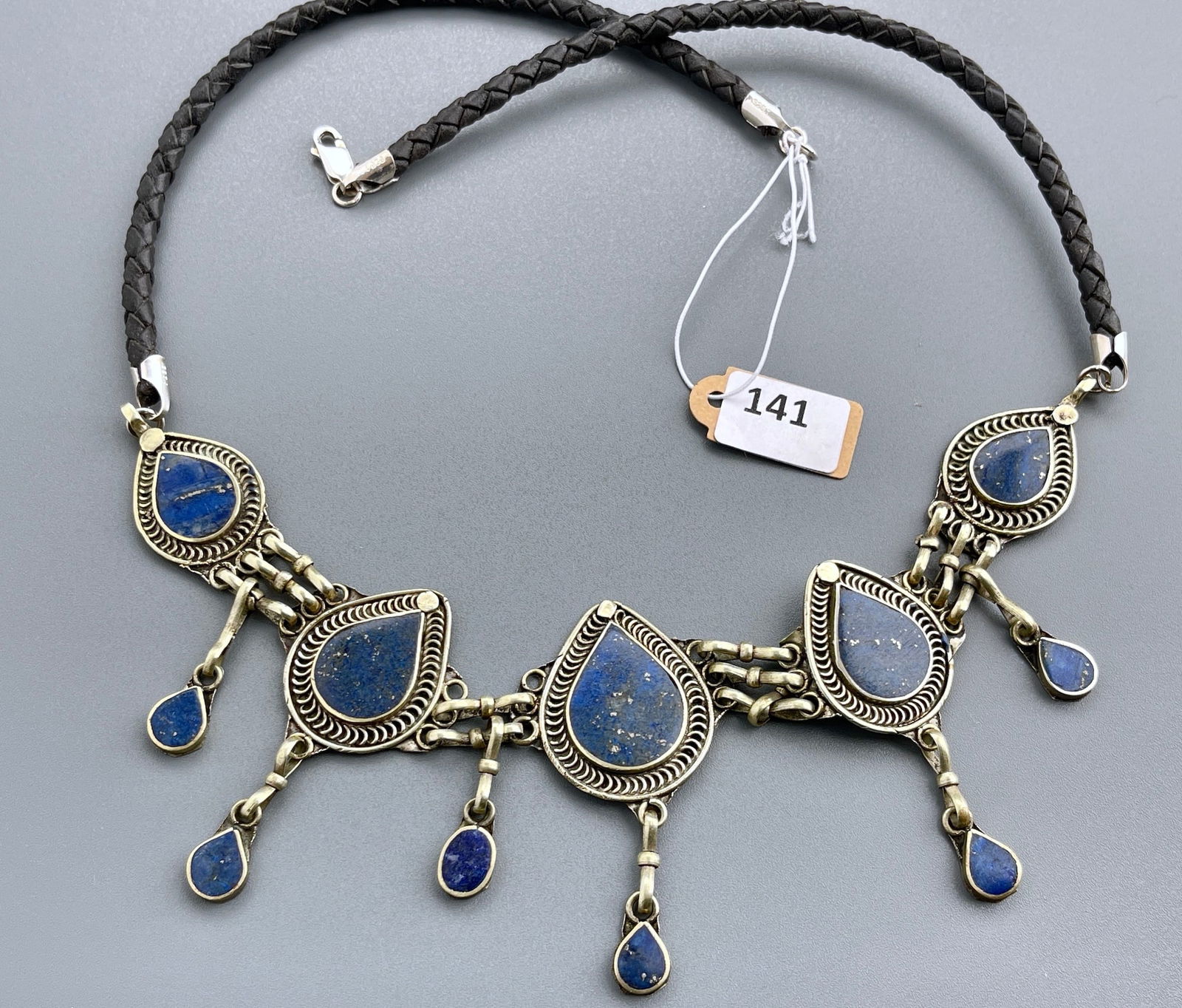 Boho Style Lapis Lazuli Tribal Necklace on Braided Leather Cord (1 of 5)