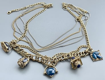 Etruscan Style Multi Chain Amulet Chunky Charm Necklace Designer Costume Jewelry