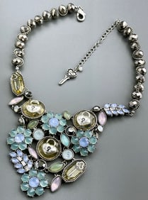 Betsey Johnson Lock & Key Rhinestone Necklace with Teal Flowers