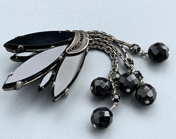 Art Deco Style Jet Black Glass Brooch Faceted Dangling Beads Pendants Fringe Filigree Accent