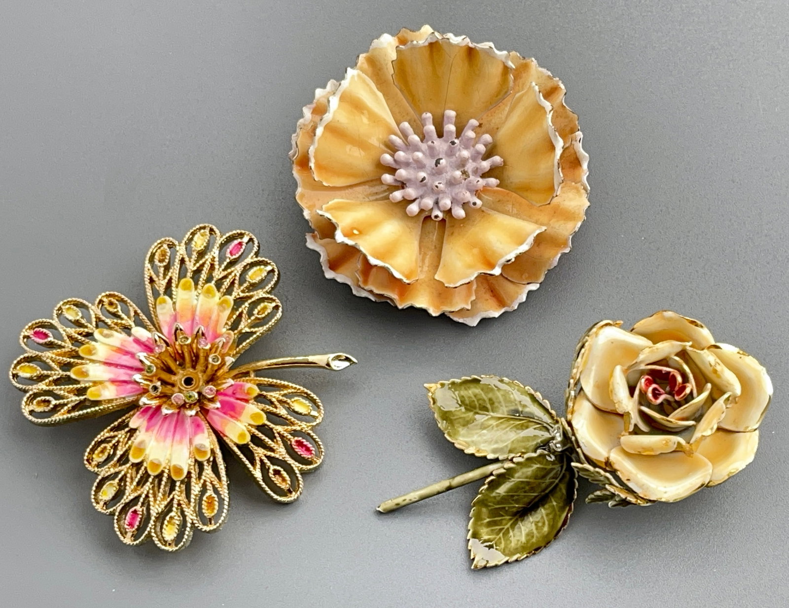 Vintage Enamel Costume Jewelry Vendome Sandor Co etc Lot of 3 Floral Brooches: Vintage Enamel Costume Jewelry Vendome Sandor Co etc Lot of 3 Floral Brooches Approximately 2 3/4, 2 3/8, 2 1/8 inches wide.