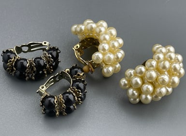 Two Pairs Black Bead & Faux Pearl Clip Earrings