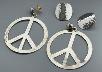 Hippie Era Peace Earrings together with other White Metal Hammered Vintage Clip Earrings from 1970-s