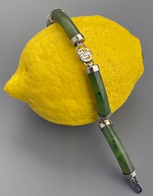 Chinese Curved Green Jade White Metal Hanzi Bracelet