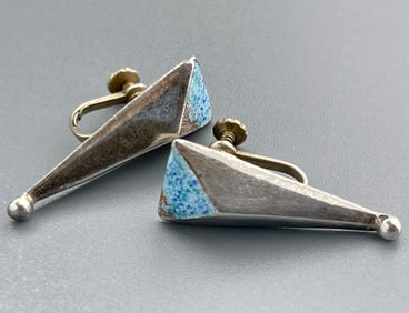 Modernist Blue Enamel Vintage Earrings Screw Back Clips