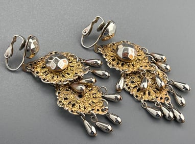 Dangling Chandelier Vintage Clip Earrings Faceted Knob on Filigree Back