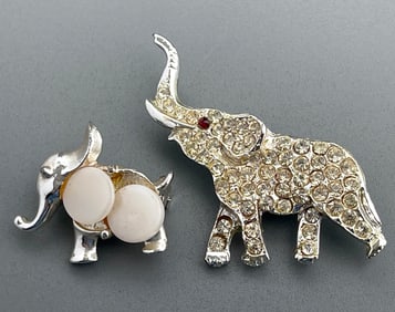 Vintage Rhinestone Jeweled Elephant Brooch together with other Small Elephant Pin Brooch