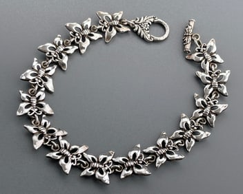 Butterfly Link Cuff Bracelet Unmarked White Metal