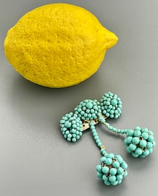 Vintage Blue Bead Pom Pom Dangling Brooch