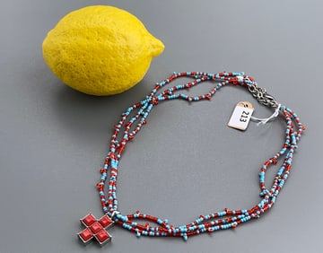 Blue & Red Beads Cross Pendant Necklace