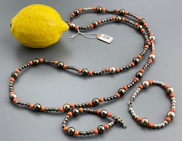 Coral & Silver Tone Beads Necklace and Two Matching Bracelets Set