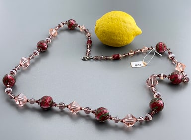 Beautiful Vintage Bohemian Vintage c 1970 Chechoslovakian Pink Art Glass Bead Necklace