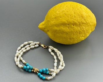 14 K Gold Pearl & Turquoise Bracelet