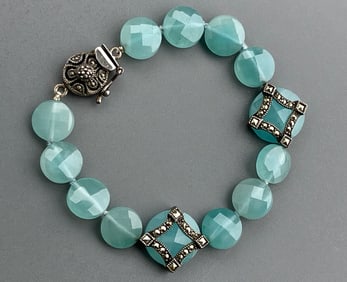 Blue Faceted Glass Marcasite Bracelet with Sterling Clasp