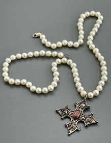 Jeweled Cross Sterling Silver Pendant on Pearl Necklace