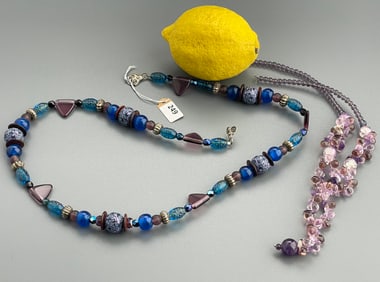 Amethyst & Blue Art Glass Bead Necklaces Lot of 2