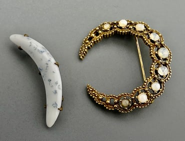 Moonstone Jeweled Enamel Crescent Moon Brooches Lot of 2