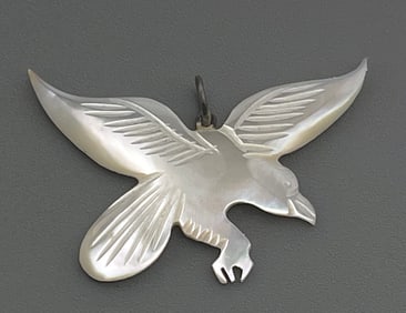 Crow Flying Raven Carved Mother of Pearl Pendant Lucky Charm