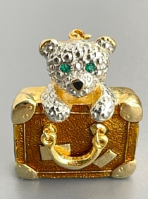 Teddy Bear in Suitcase Articulated Jeweled Enamel Brooch